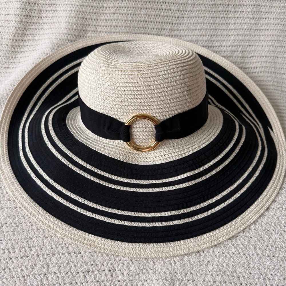 Lauren Ralph Lauren Wide Brim, Black Ivory Stripe, Gold Ring, Straw Sun Hat